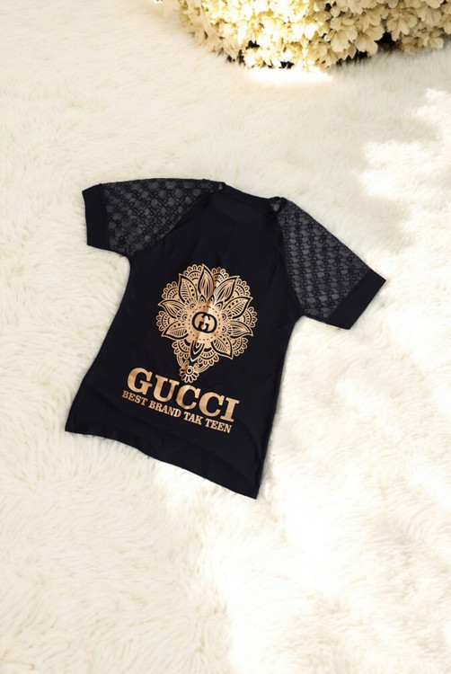 تیشرت زنانه مشکی با آستین گیپور