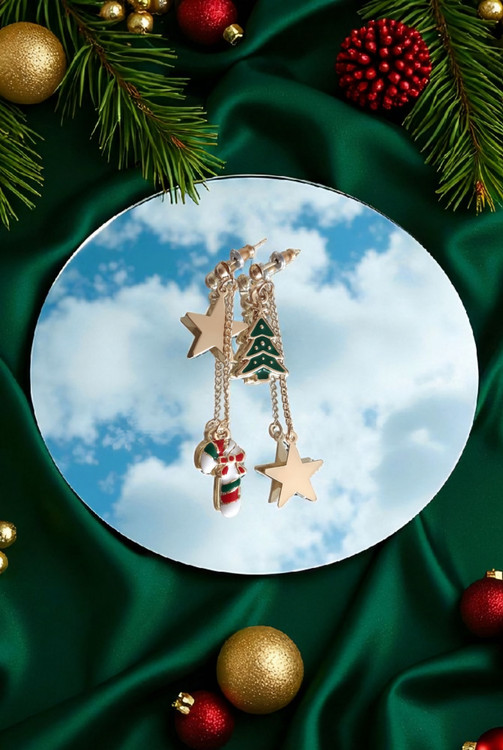 گوشواره کریسمسی آویزدار زنانه با طرح نمادهای کریسمس