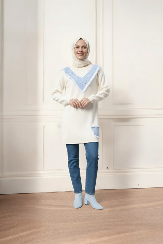 بلوز بافت زنانه ترک رنگ کرم با یقه لی و مروارید