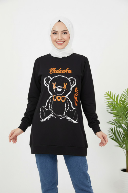 بلوز زنانه مشکی لانگ اسپرت با چاپ خرس – مناسب استایل کژوال