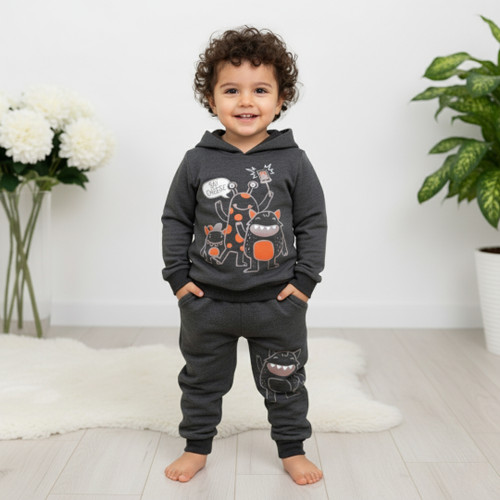 هودی و شلوار بچگانه زمستانی طرح دار بامزه رنگ دودی