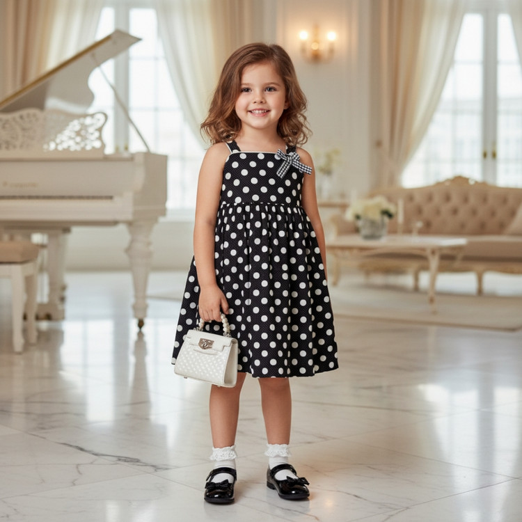 پیراهن دخترانه مجلسی قهوهای طرح دار خال خالی